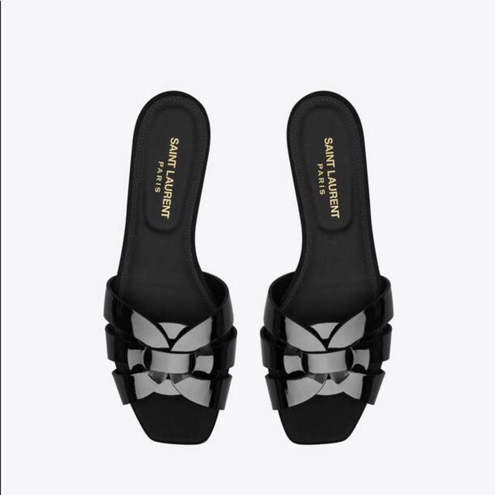 Saint Laurent Black Patent Leather Slide Sandals